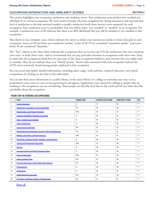 Strong Interest Inventory® 244 Career Satisfaction Report Sample page